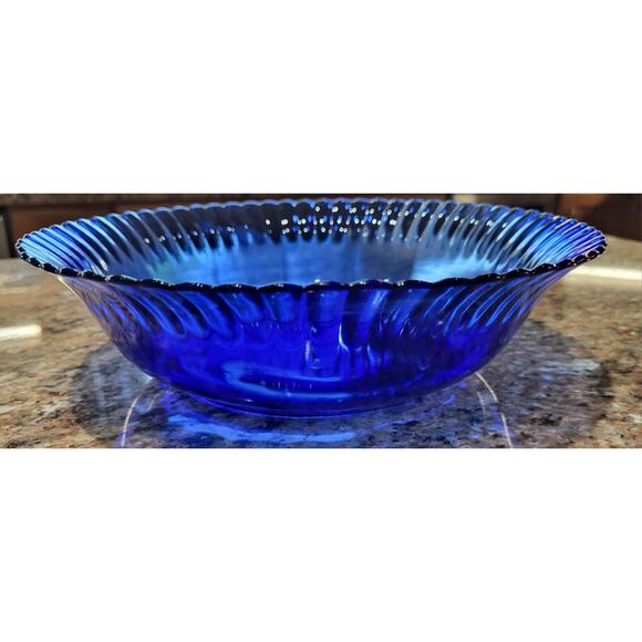 Vintage COLOREX 9.5” Serving Bowl Made In Brazil Cobalt Ribbed Glass Edge - Picture 7 of 11